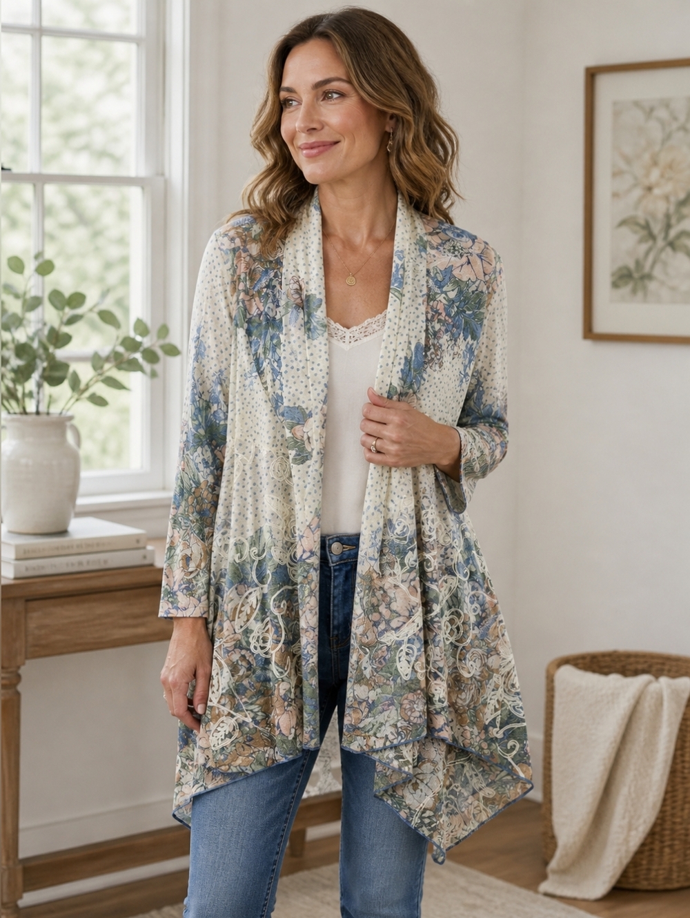 Multiples Floral Kimono Cardigan Sz Small Sheer Open Front Lightweight Boho